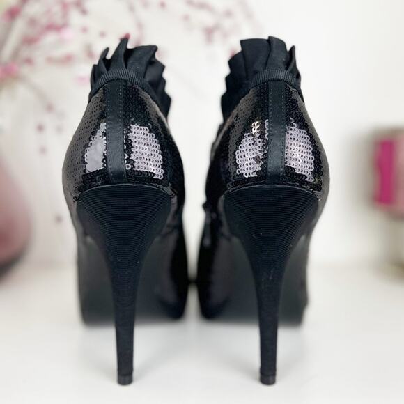 Nina Eveline Sequin Ruffle Peep Toe Platform Heels Pumps Black Size 8.5 M NWB - Picture 4 of 15